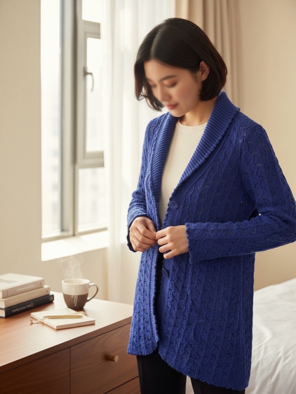 mac & jac Open-Knit Shawl Collar Cardigan in Violet Blue